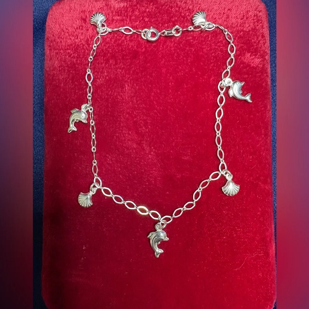 ANKLE Bracelet*925 Sterling Silver Shell and Dolphin Charm Link Chain